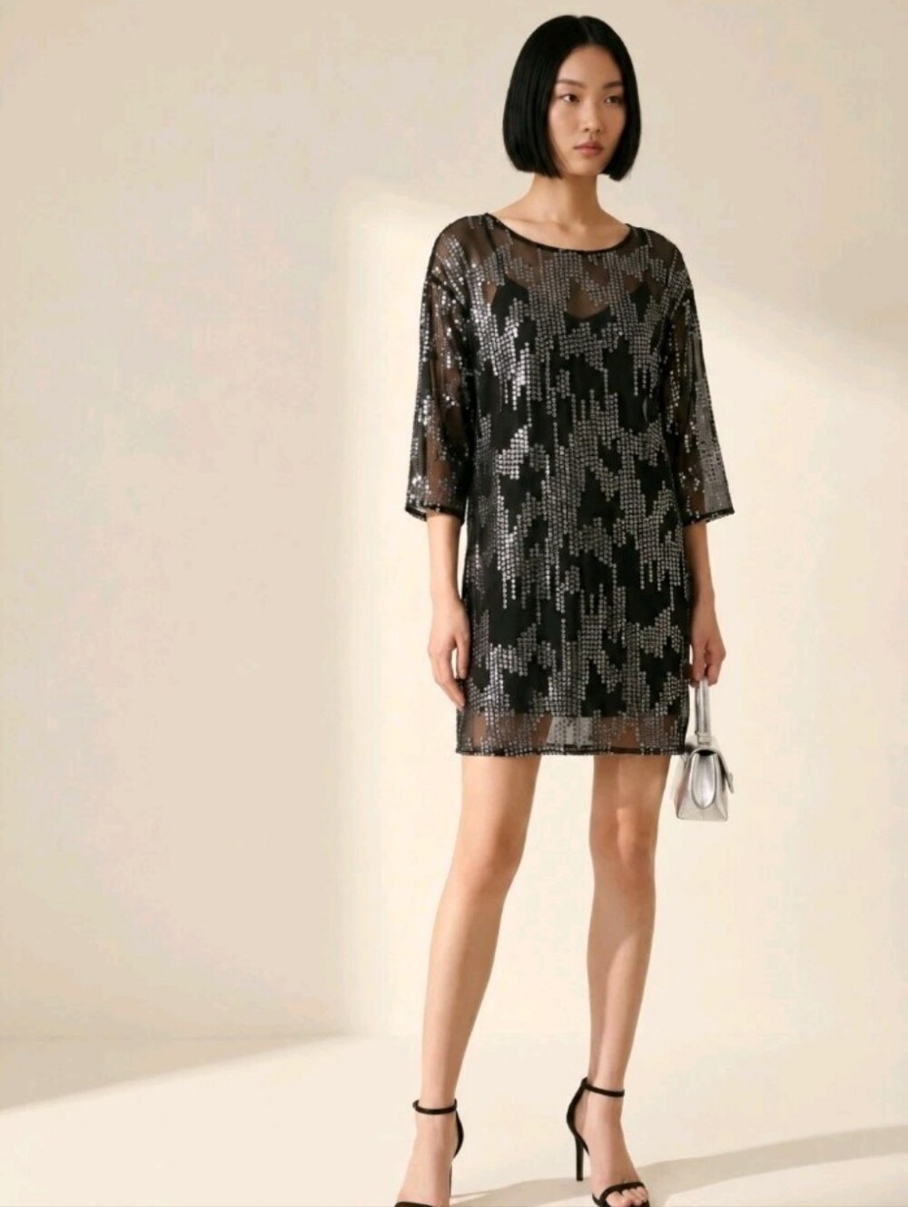 Sheer Mesh Black Silver Sequin Dress Size Medium Shift Mini Cutout Party Glam